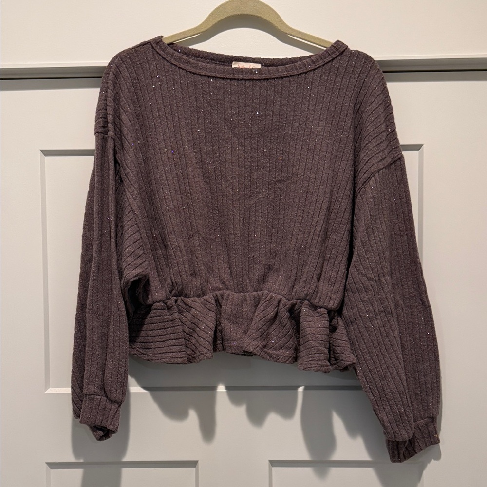 Cozy Ribbed Peplum Pullover Sweater - Dusty Plum
